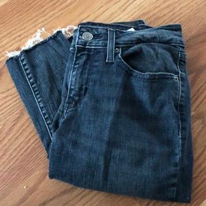 Skinny Blue Denim Jeans with Frizzed Cuffs